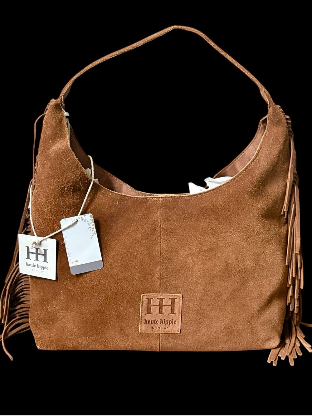 NWT Haute Hippie Suede Fringe Hobo Shoulder Bag Cognac Brown Boho Western Y2K - Picture 2 of 16
